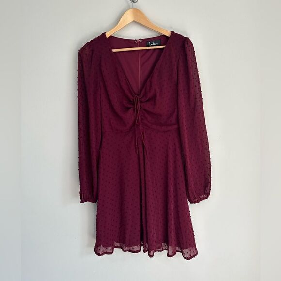 Lulus Wine and Dine Burgundy Swiss Dot Long Sleeve Skater Dress - Picture 6 of 14